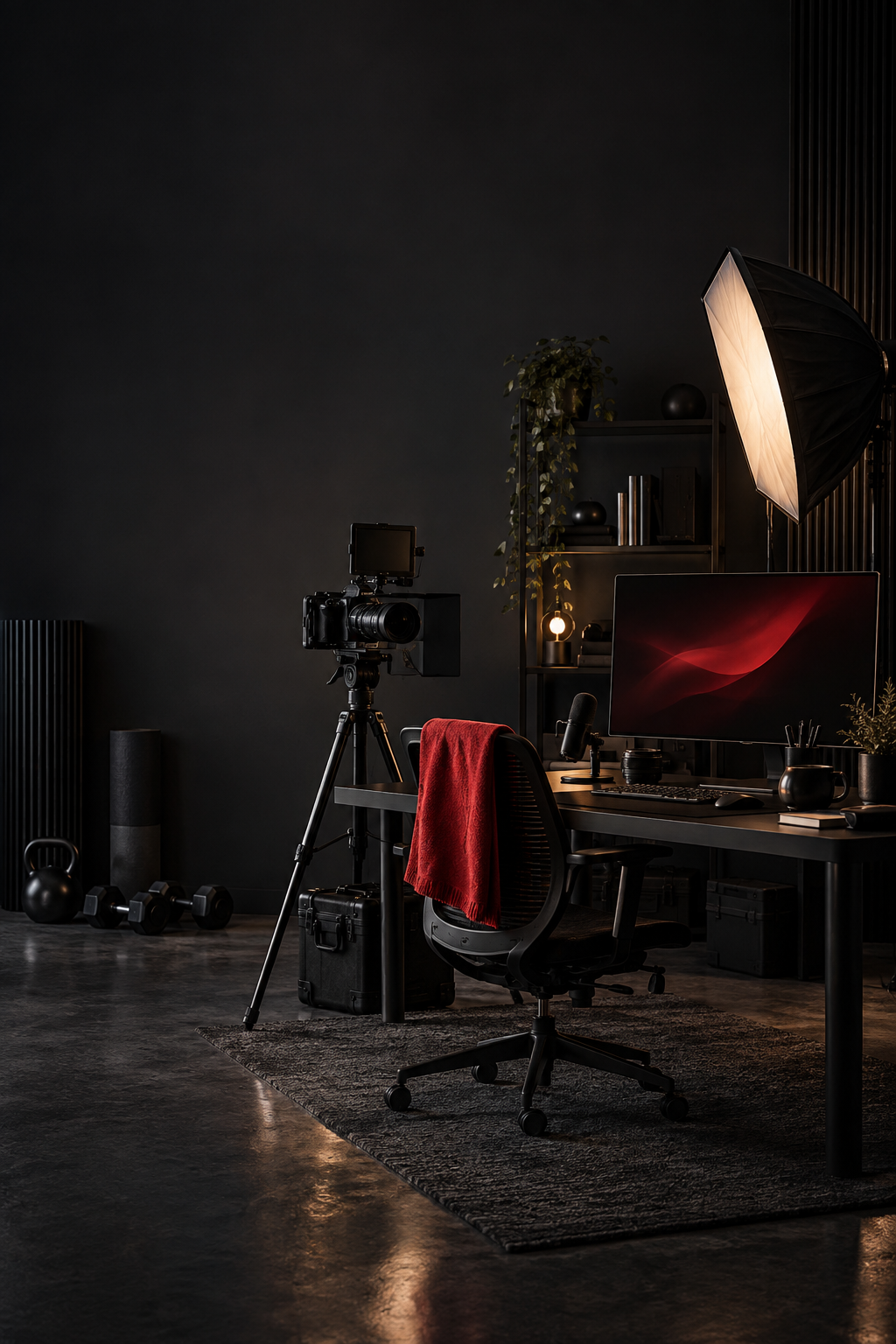 A cinematic creator studio with camera, microphone, lighting and workstation
